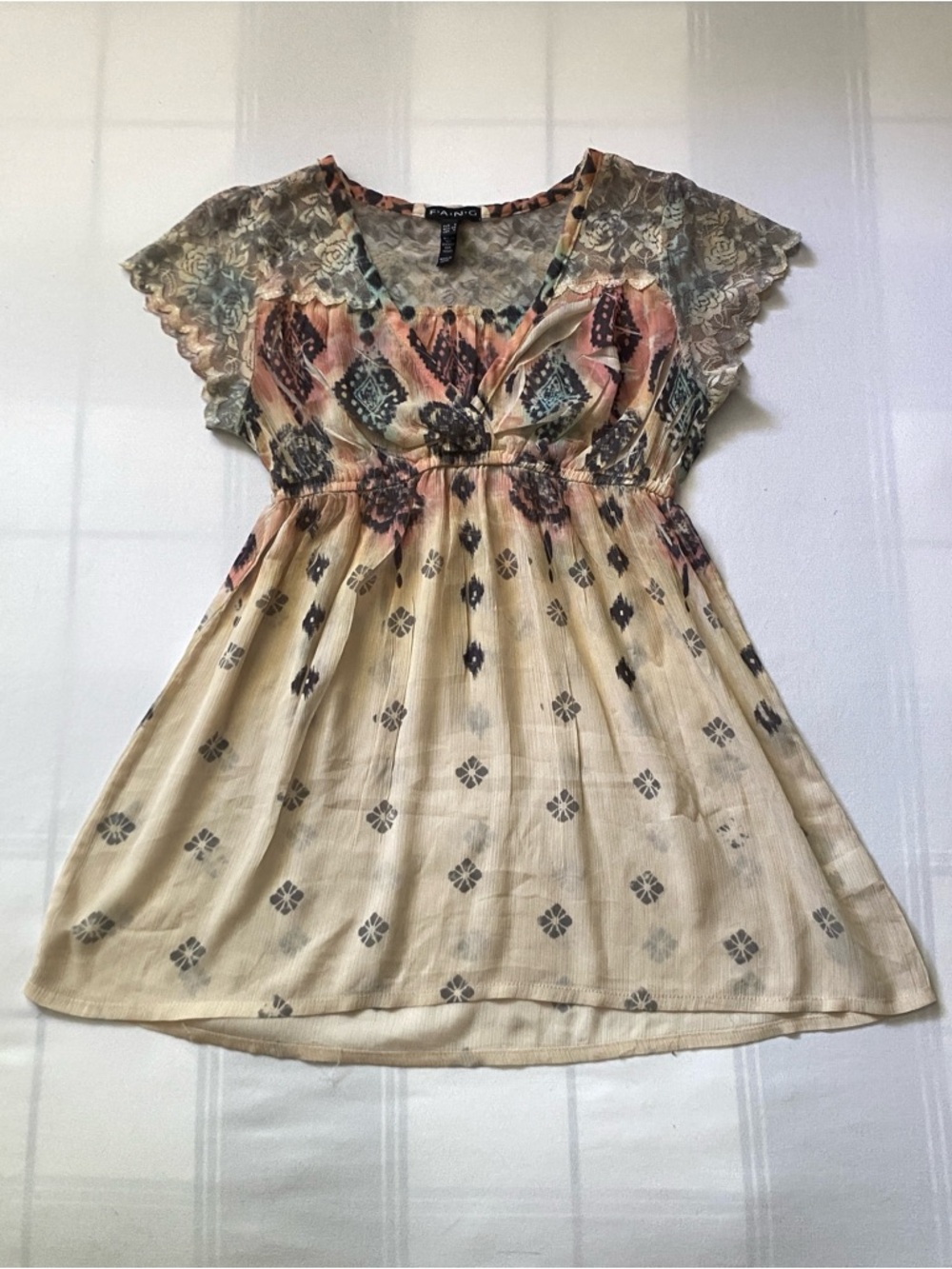 Vintage Flowy Bohemian Babydoll Top With Lace Accents